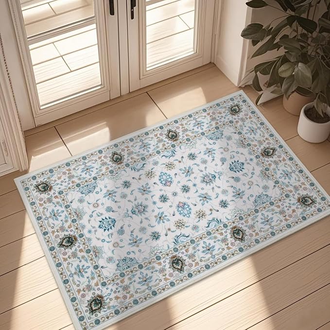 WILLSUN Washable Area Rugs, 2x3 Non-Slip Boho Small Area Rugs for Entryway, Kitchen, Bathroom, Machine Washable Vintage Rug, Indoor Floral Print Carpet for Home Decor, Kid & Pet Friendly Mat