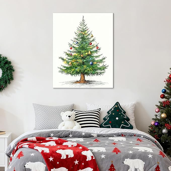Framed Christmas Pictures Wall Decor,Vintage Pine Tree Prints,Winter Christmas Canvas Wall Art Decoration for Bedroom Bathroom Living Room Rustic Xmas Holiday Gifts (Christmas Tree 4, 24'' X 36'')