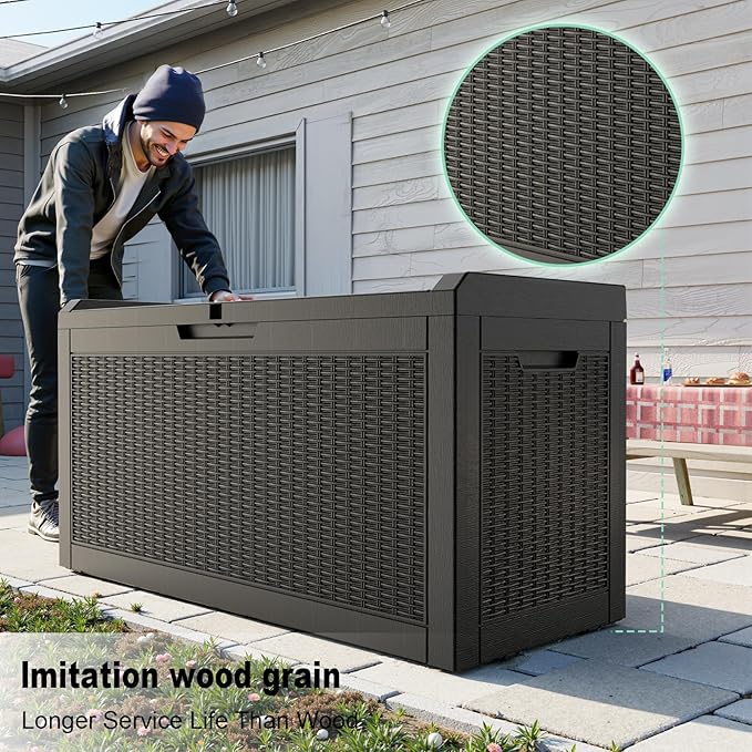 Vixzen 60 Gallon Outdoor Deck Box,Lockable Resin Waterproof Storage Box,UV Resistant,Weather Resistance,Outside Storage Bin for Gardening Tools,Pool Supplies,Black