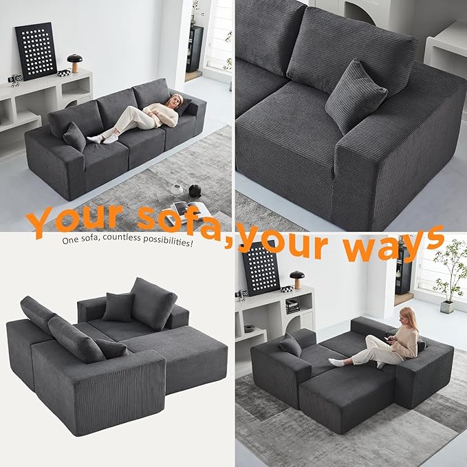 INGEROOM 108" Cloud Sectional Couch with Chaise, Modular L-Shaped Sofa Deep Seat Comfy Corduroy Memory Foam Couch for Living Room Bedroom, No Assembly Required, Dark Gray
