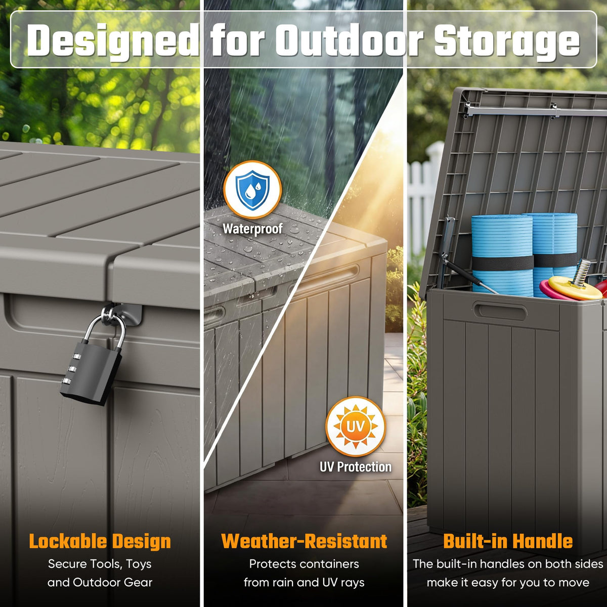 Greesum 110 Gallon Outdoor Storage Box with Lockable Lid, All-Weather Solution for Patio Furniture, Pool Supplies & Garden Tools, Waterproof, UV-Resistant Large Deck Box, Light Coffee
