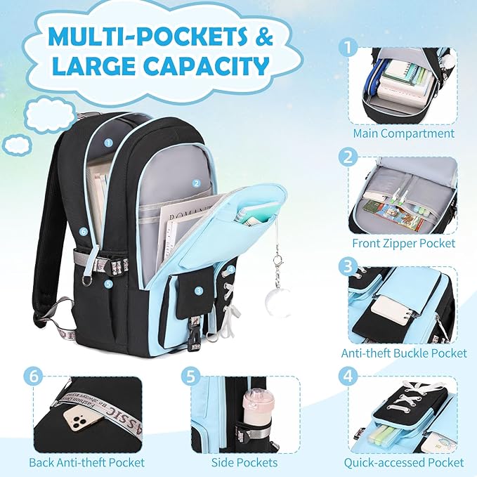 Backpacks for Girls, Girls Backpack with Lunch Box and Pencil Case for Teen Kids Elementary Middle High School College Student, Children Backpack Bookbag with USB Charging Port (Blue)