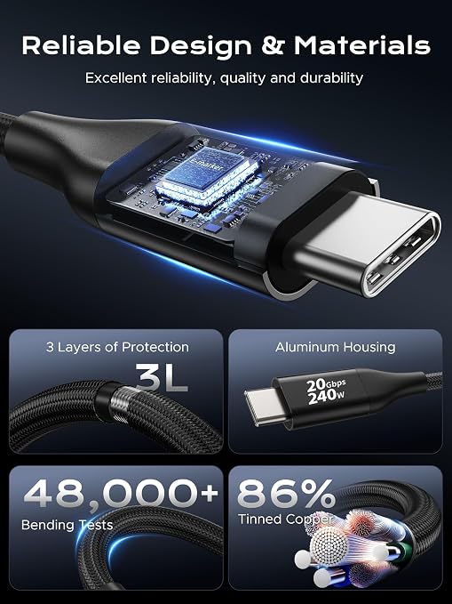 Plugable Short Braided USB C Monitor Cable 1FT 4K@144Hz/8K Video Output | USBC 3.2 Gen 2X2 Display Cable 20Gbps Data Transfer 240W PD Charging Fit for Portable Monitor SSD MacBook iPhone 17