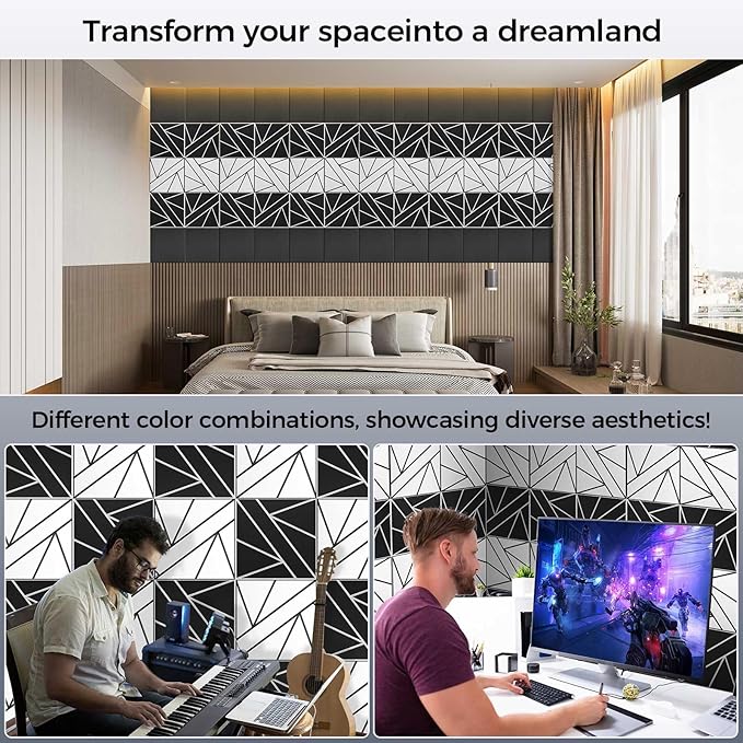 8 Pack 2-Layer Soundproof Wall Panels, 12 x 12 x 0.43 in Sound Proof FoamPanels for Walls, 1.2lb/ft* High Density, Thicker 0.43 in, 3D AcousticPanels,Artistic Noise Dampening Panels Black&White