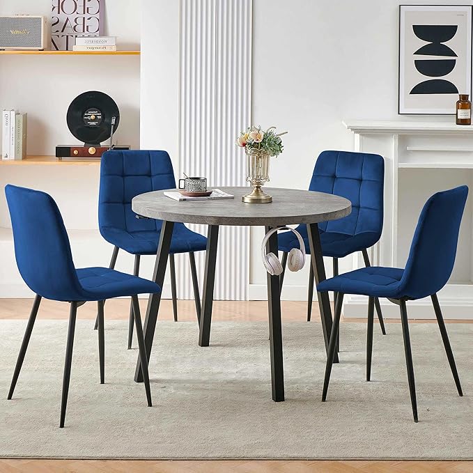Modern 4-Person Round Dining Table Set, Space-Saving for Kitchen, Living Room, Apartment, Includes Dining Table & 4 Blue Chairs,Small Dining Room Set for 4