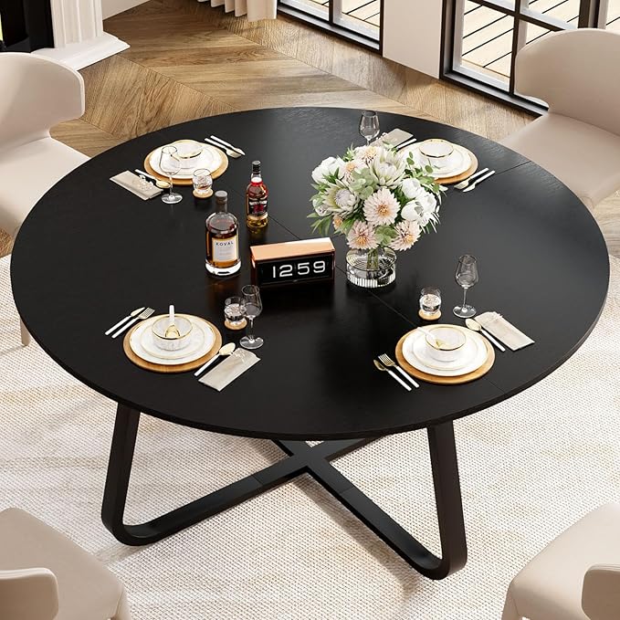 LVB 51 Inch Black Round Dining Table, Modern Wood Metal Kitchen Table, Industrial Small Dinner Room for 4 to 6 People, Circle Coffee Dining Room for Home Kitchen Living Room, Black Oak