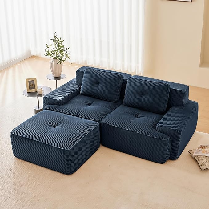 80" Modern Compressed Boneless Love Seat Couches with 1 Ottoman, 2 Seater Large Sectional Couches for Living Room, Blue Corduroy Cloud Modular Sectional Sofa, Memory Foam, Deep Loveseat, No Assembly