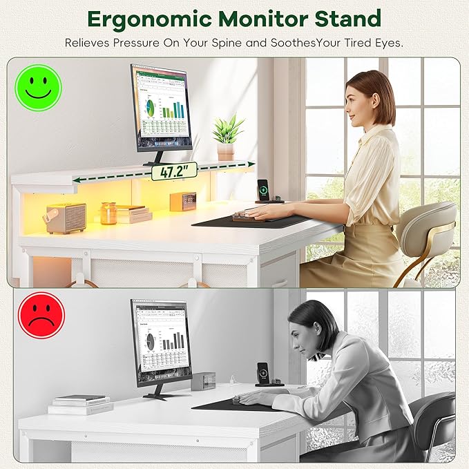 Computer Desk with Ergonomic Monitor Stand & CPU Stand,47.2" Gaming Desk with 1 Drawer & Power Outlet & LED Lights for Home Work, Bedroom Study and Gaming, Small Spaces,White