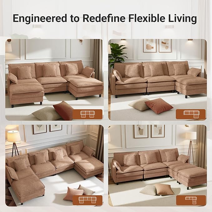 Claiks 148" Modular Sectional Sofa, Cloud Couch with Ottoman, U-Shaped 6-Seater Sofa in Chenille Fabric, Deep Seat Comfy Couch with Pillows for Living Room & Offices, Khaki