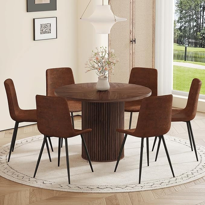 AZmac Round Dining Table Set for 6, Wooden Round Table 7-Piece with Modern Farmhouse Dining Table and 6 Suede Leather Chairs for Kitchen Dining Room, Walnut Table + 6 Saddle Brown Chairs