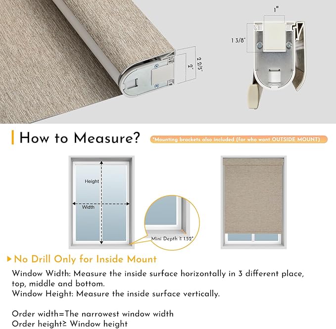 Persilux Smart Motorized Blinds with Remote, No Drill Automatic Roller Shades for Indoor Windows, Blackout Linen Fabric, Electric Blinds for Windows, Linen Light Brown C156BO-3, Custom Size
