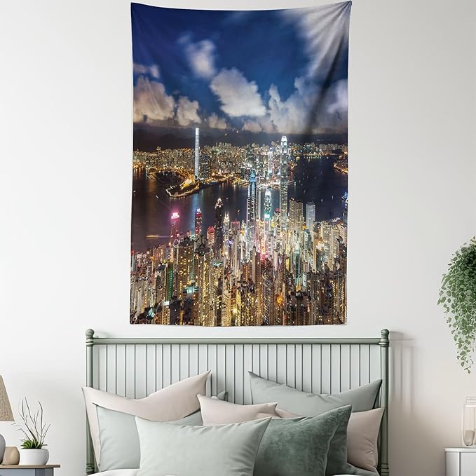 Ambesonne Cityscape Tapestry, Night View Hong Kong Victoria Harbor Business Financial District Cityscape Print, Wall Hanging for Bedroom Living Room Dorm Decor, 40" X 60", White Indigo