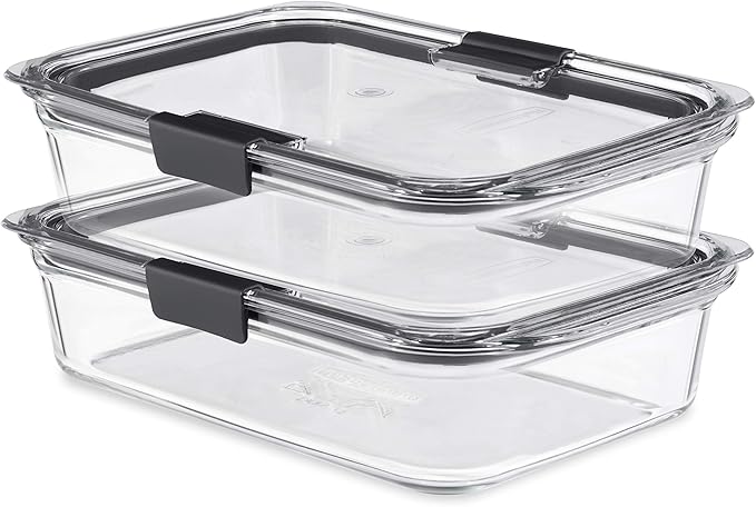Rubbermaid Brilliance Glass Food Storage Containers, 8 Cup, Set of 2, BPA-Free, Leak-Proof, Clear