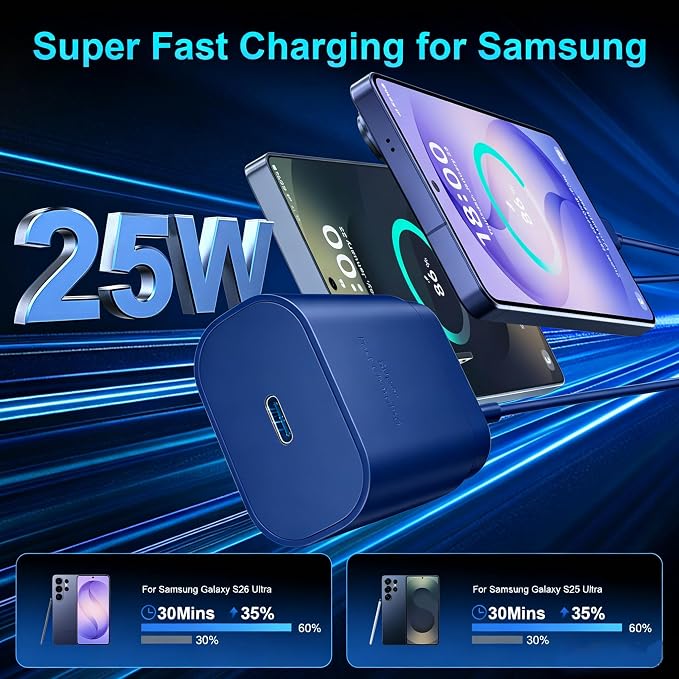 Super Fast Charger Type C 25W USB C Wall Charger Fast Charging for Samsung Galaxy S26 Ultra/S26/S26+/S25 Ultra/S25/24 Ultra/S24/S23 Ultra/S22 Ultra with 10FT Long Android Type C Charger Cable 2Pack