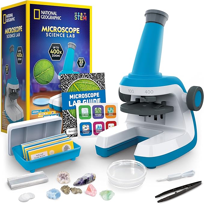 NATIONAL GEOGRAPHIC Microscope for Kids - Science Kit with an Easy-to-Use Kids Microscope, Up to 400x Zoom, Blank and Prepared Slides, Rock & Mineral Specimens, STEM Project Toy
