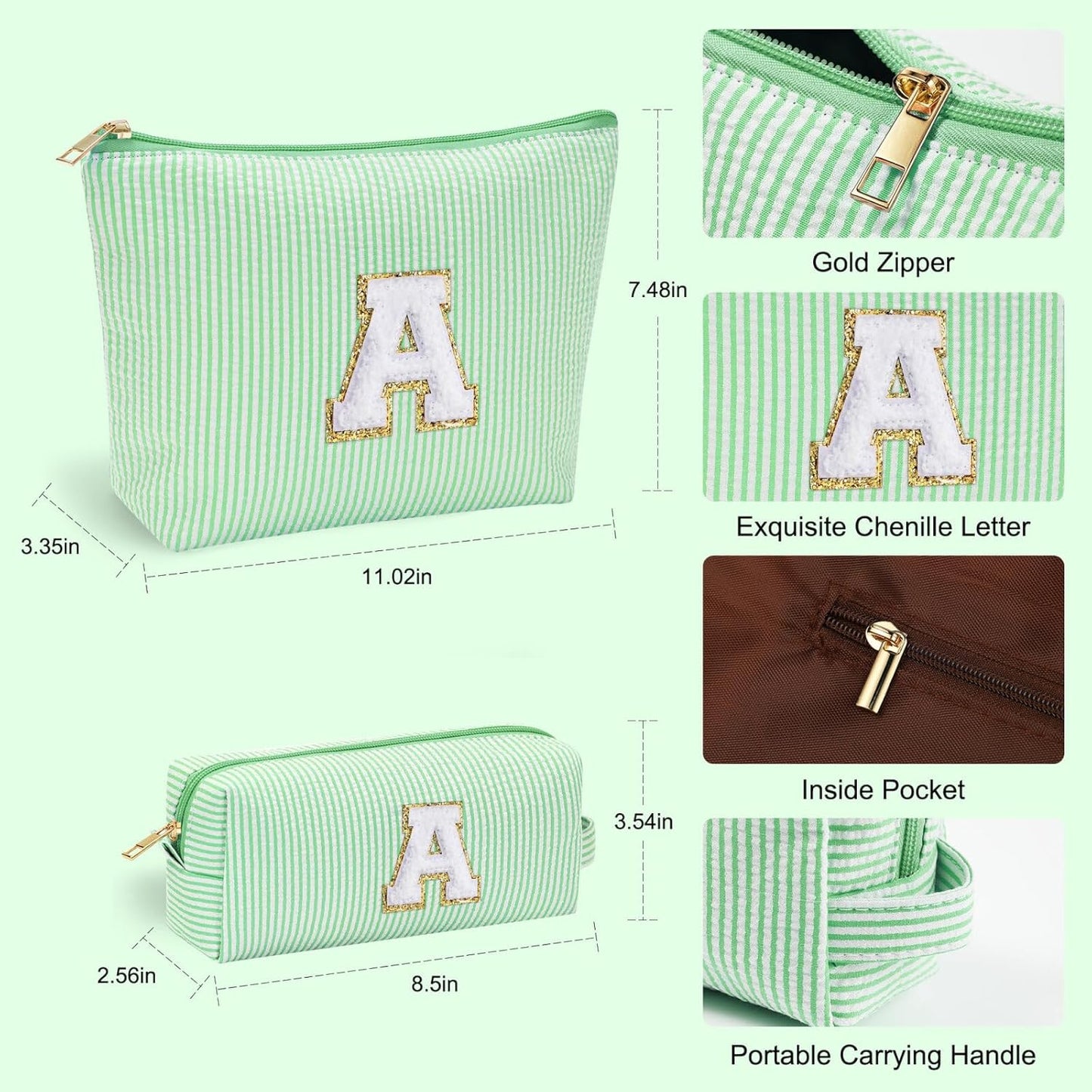 YOOLIFE Initial Makeup Bag for Women Girls - Skin Care for Teens 10-12 | Make Up Bag | Gifts for Women | Graduation Gifts | Mothers Day Gifts | Tween Girls Trendy Stuff Daughter Friend Gifts M, Green