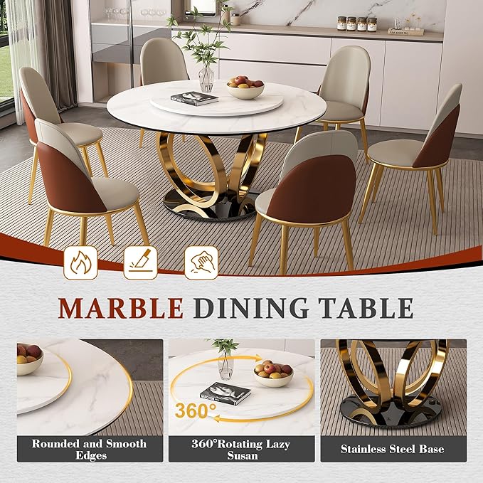 Dining Table Set with 8 Chairs, 53" Round Modern Marble Dining Table with Lazy Susan, Sintered Stone Top for Kitchen, Dining Room, Dinette