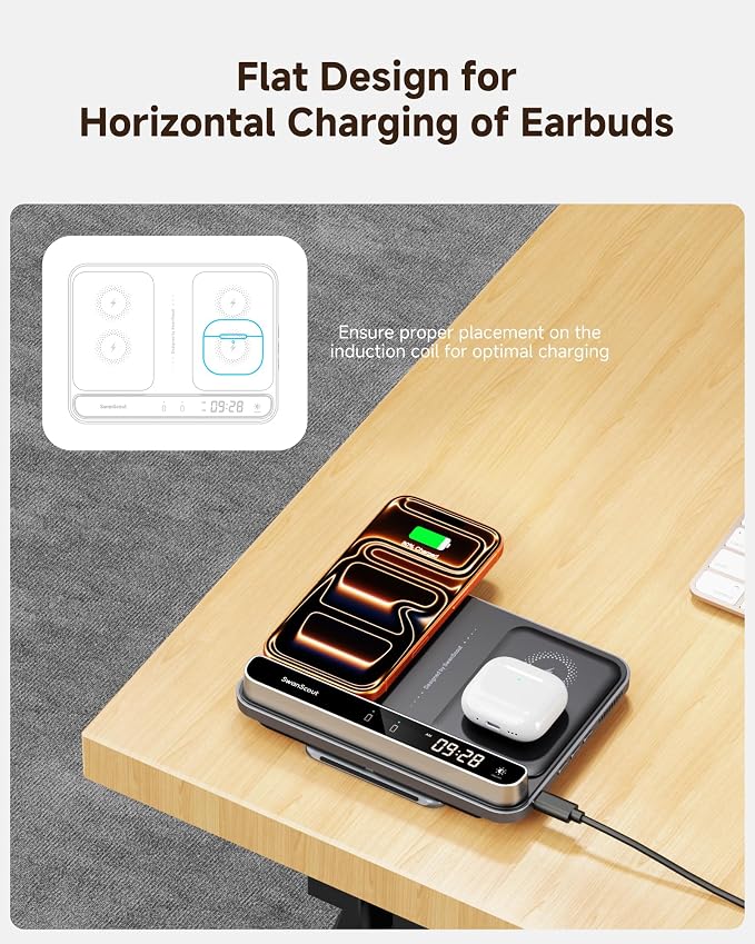 Dual Phone Foldable Wireless Charging Station for iPhone Galaxy Pixel | Dual phone charging Foldable portable stand Dimmable clock Case friendly Raised charging area flat mode for earbuds 504