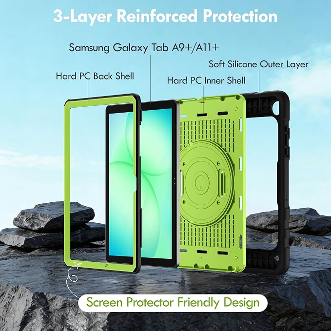 Case for Galaxy Tab A11 Plus 11 Inch 2025 and Galaxy Tab A9 Plus 11 Inch 2023 Heavy Duty Shockproof Rugged Protective Case with 360 Rotating Stand Kickstand Hand Strap and Shoulder Strap