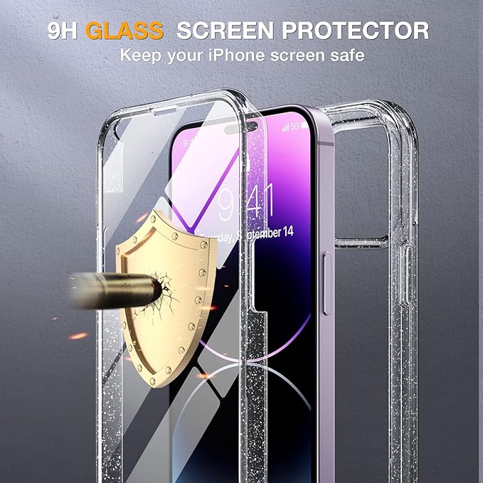 Miracase Glass Series Designed for iPhone 14 Pro Case 6.1 Inch, Upgrade Full-Body Bumper Case with Built-in 9H Tempered Glass Screen Protector, with Camera Lens Protector, Glitter Clear