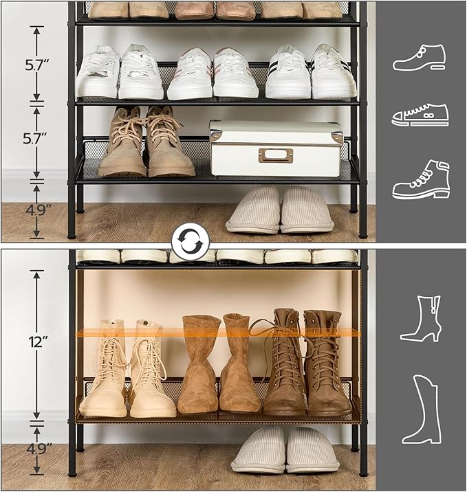 HOOBRO Shoe Rack for Entryway, 5-Tier Shoe Organizer with Adjustable Mesh Shelves, 16-20 Pairs of Shoes, Spacious Floor Mount, Metal, Industrial, Shoe Shelf for Closet, Greige BG12XJ01