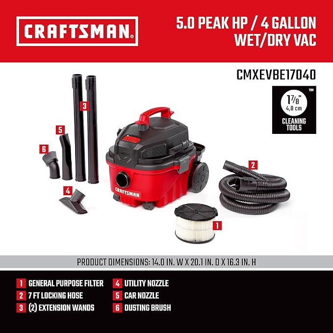 CRAFTSMAN CMXEVBE17040 4 Gallon 5.0 Peak HP Wet Dry Vac, Portable Shop Vacuum Wet and Dry with Filter, Hose and Attachments for Home and Automotive Cleaning
