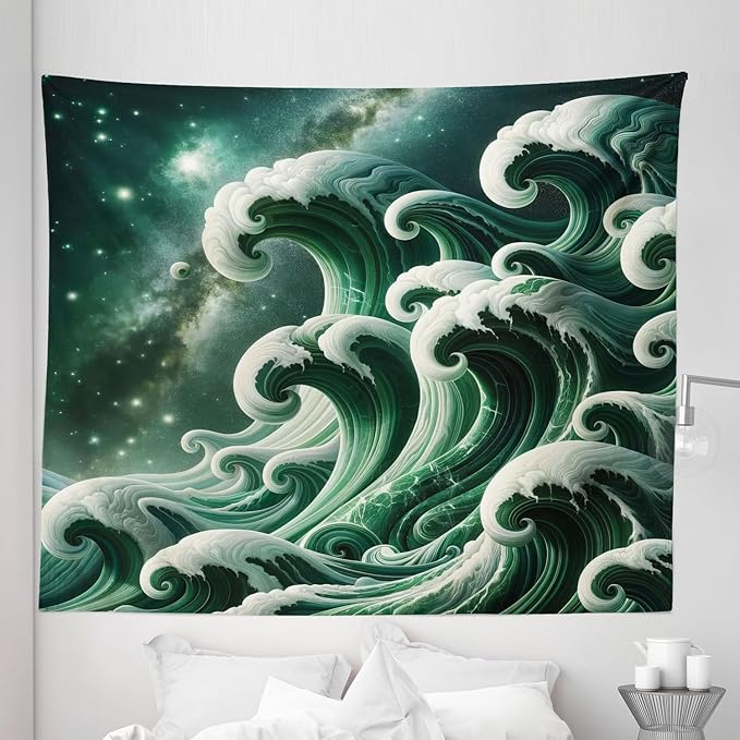 Ambesonne Green Tapestry King Size, Bold Marble Print Ocean Waves with a Realistic Galaxy Space Starry Sky Illustration, Wall Hanging Bedspread Bed Cover Wall Decor, 104" X 88", Dark Teal