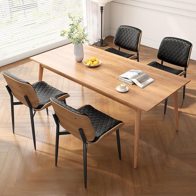Dining Chairs Set of 2, Mid-Century Modern Upholstered PU Leather Chairs with Walnut Back and Metal Legs Adjustable Feet for Kitchen Dining Room, Black Diamond Plaid