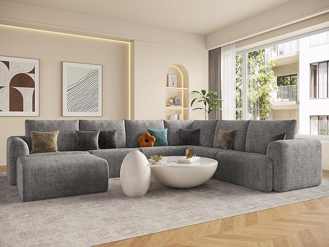 EASE MOOSE Sectional Cloud Couch Oversized for Living Room,7-Seat Modular Boneless Sofa U-Shaped Sofa with Ottoman, No-Assembly Chenille Couch, Light Grey