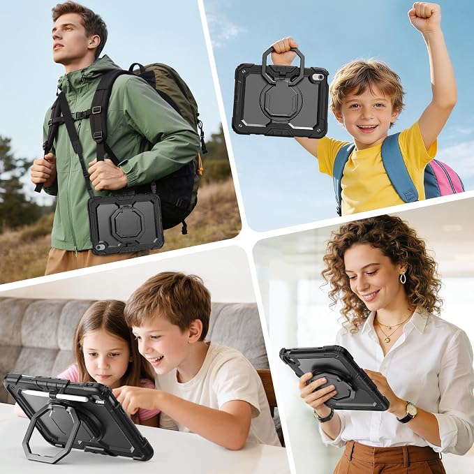 SEYMAC stock Handle Case for iPad (A16) 11th / 10th Gen 11'' /10.9'' Black | Full-Body Drop Protection Shockproof Case Pencil Holder Screen Protector 360 Ring Handle Stand 2025/2022 Released