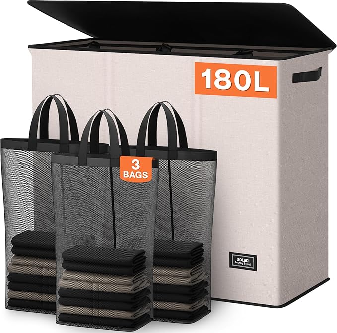SOLEDI 180L 3-Section Laundry Hamper with Lid, Extra Large Dirty Clothes Basket with Sturdy Handles for Laundry Room & Bedroom - Durable Organizer for Sorting Laundry