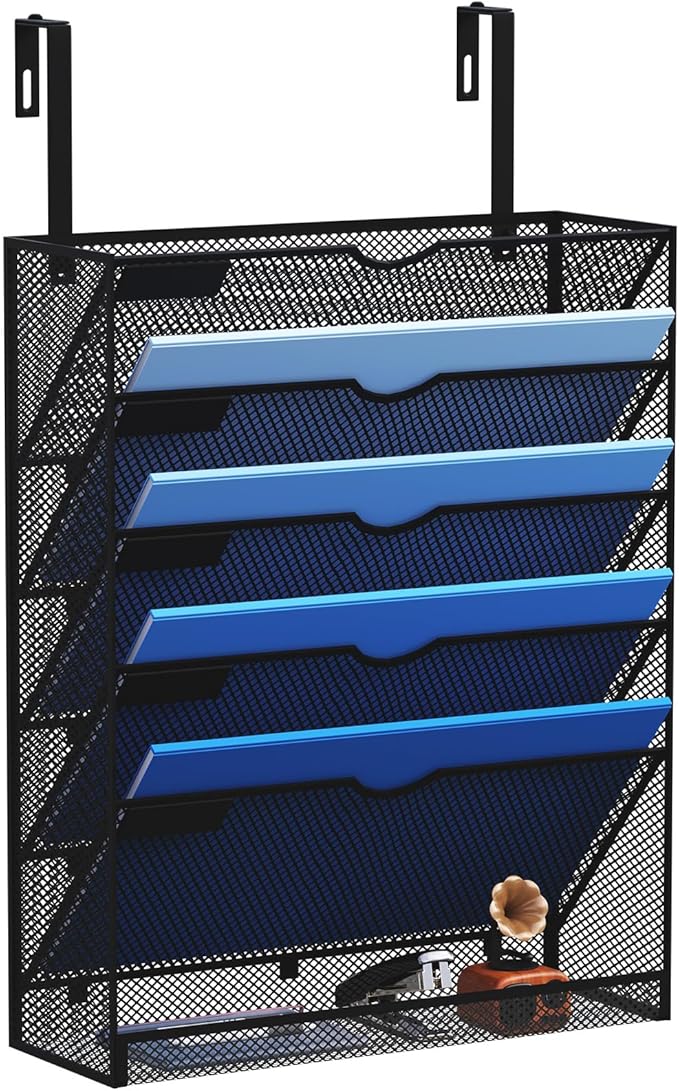 6-Tier Hanging File Organizer Office Cubicle Accessories for Work Organizer Wall Mount File Holder for Mails Folders Papers Magazine Organization, Black