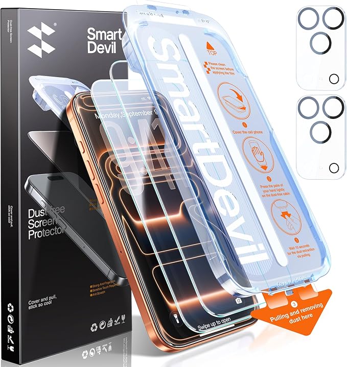SMARTDEVIL (3+3 Pack HD Clear Screen Protector for iPhone 14 Pro Max with 3 Camera Lens Protectors 9H Tempered Glass Shatter-Resistant SmartPull Dust &amp Bubble-Free Install Frame Case-Friendly