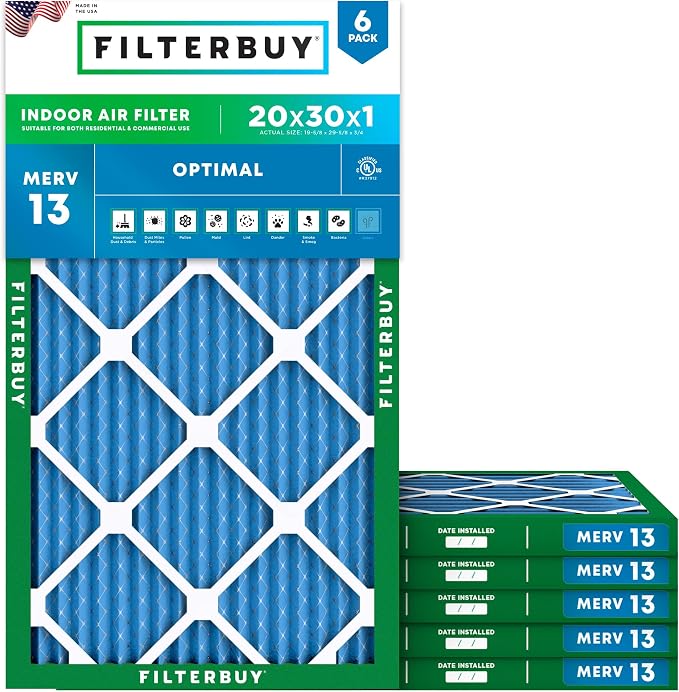 Filterbuy 20x30x1 Air Filter MERV 13 Optimal Smoke & Allergy Defense,