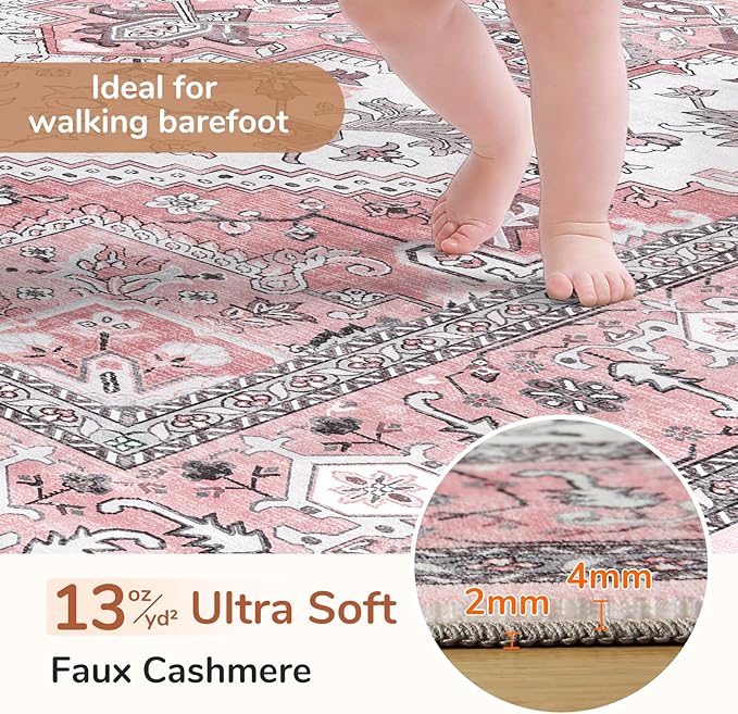 OPPODREAM Thin Area Rugs 5x7, 5x7 Washable Rug with Non Slip Backing, 5 x 7 Faux Cashmere Low-Pile Carpet, Pink & Cream