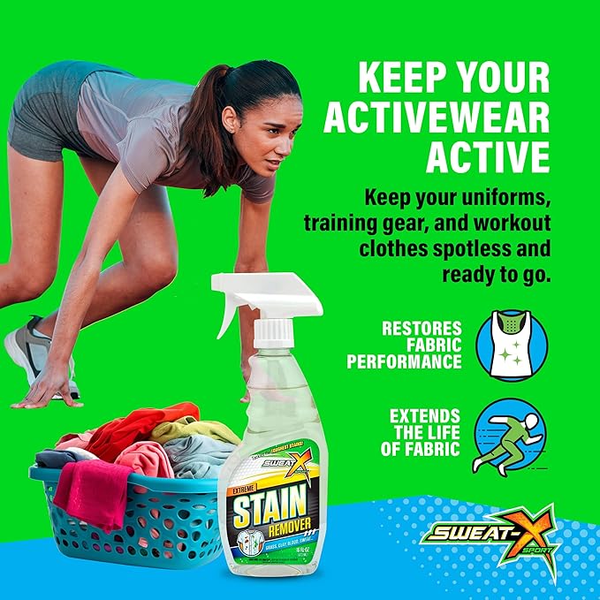 Sweat X Extreme Stain Remover – Multi-Purpose Nontoxic Stain Spray – Advanced Stain Removal for Sport and Activewear – Safe for All Fabrics – Tested Formula with Proven Results – 16 Fl Oz - 2 Pack