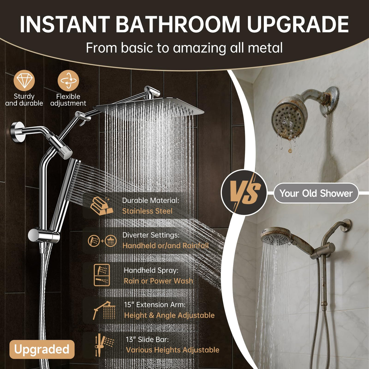 Veken All Metal 10" Shower Head with Handheld, Luxurious Square Double Rain Shower Heads with Spray Combo, Dual High Pressure Detachable Rainfall Showerhead with Extension Arm, Long Hose,Chrome,Sliver