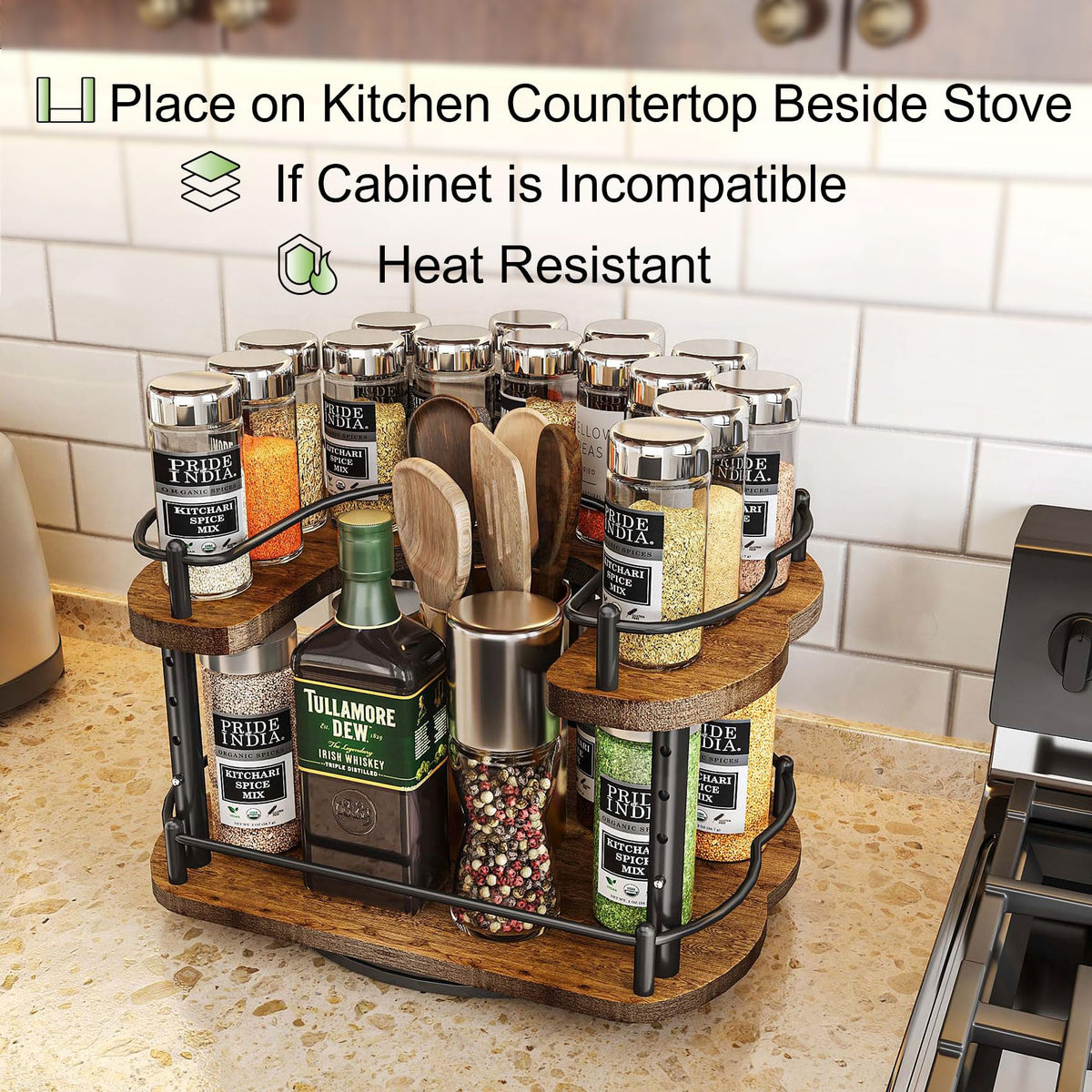 Lazy Susan Organizer Spice Rack - Spice Organization for Cabinet Height Adjustable Rotating Lazy Turntable, Pantry Kitchen Wood Revolving Seasoning Organizer, 12 inches, Black