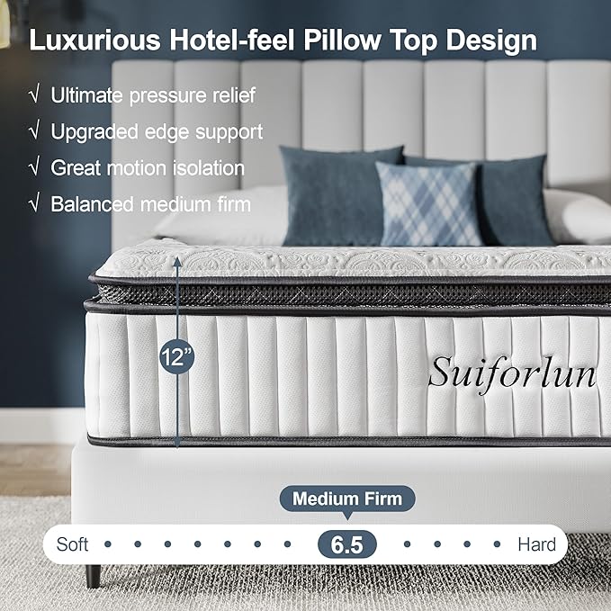 Suiforlun Queen Mattress 12 Inch, Pillow Top Gel Memory Foam Hybrid Mattress with Luxury 7 Layers, Zone Pocket Coils Innerspring for Back Pain Relief, Medium Firm, 120 Nights Trial