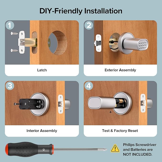 ThorBolt Keyless Entry Door Lock, Fingerprint Door Lock with Keypad Biometric Door Knob, Auto-Lock for Interior Doors Thickness up to 2-1/4", Bedroom, Home Office, Garage, 4xAA Alkaline, MD1 Silver