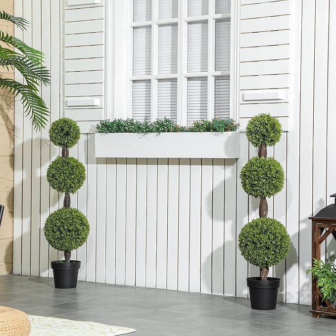 HOMCOM Artificial Plants, Set of 2 Decorative Topiary Ball-Shaped Boxwood Trees in Pots, Fake Plants for Home Indoor Outdoor Decor, 45.3 Inch, Green
