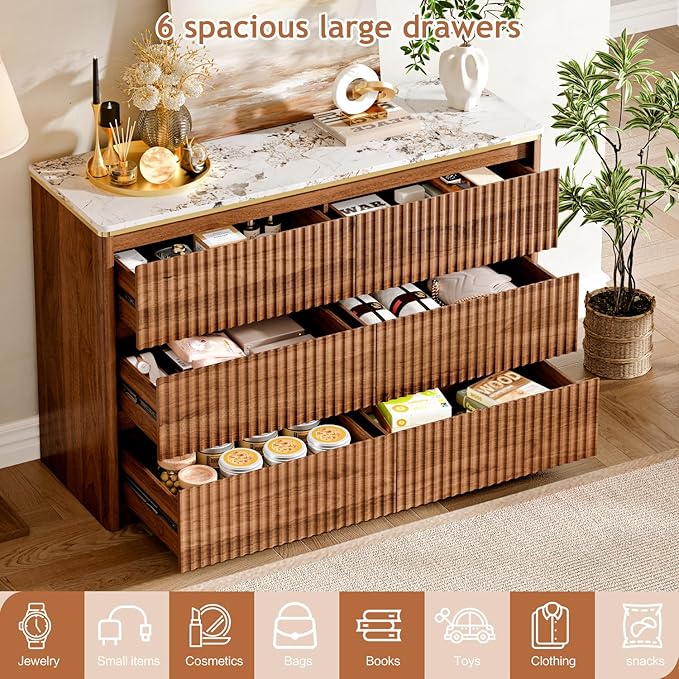 Fluted Dresser for Bedroom with 6 Drawers, 47.2" Modern Chest of Drawers with Faux Marble Top, Curved Profile Design,Dresser TV Stand, Wood Drawer Organizer for Living Room, Hallway, Walnut