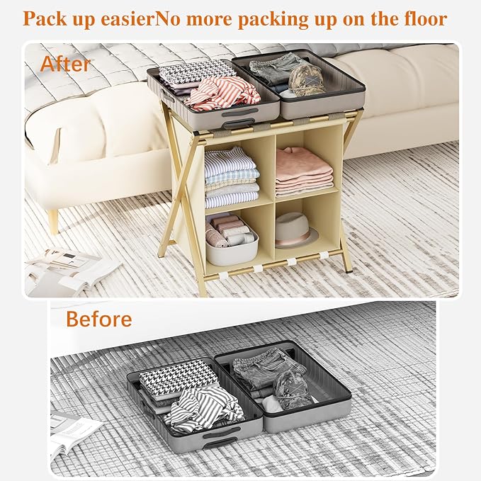aboxoo Luggage Rack with storage, Guest Room Folding Suitcase Stands, Holds up to 120 lb, Space Saving Suitcase Holders for guest room, Bedroom Hotel, Gold