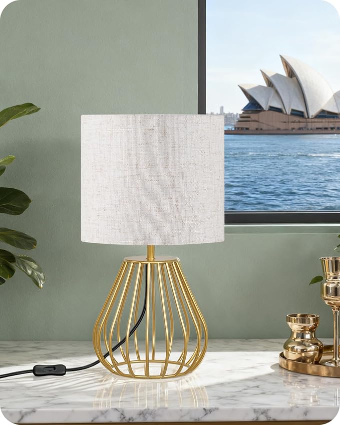 Gold Bedside Table Lamp, 12.6'' Small Table Lamp with Beige Linen Lampshade & Gold Teardrop Cage, Modern Little Cute Desk Lamp for Bedroom, Living Room, 2700K LED Bulb Included DE06TL05