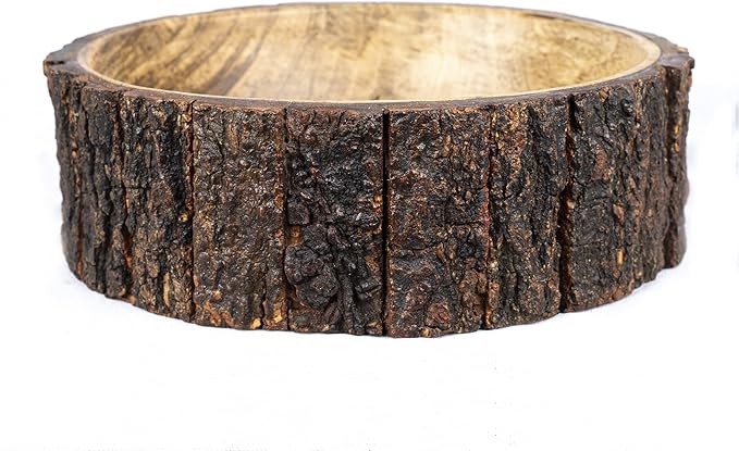 GoCraft Mango Wood Decorative Bowl with Tree Bark – 7.5" x 2.75" – Rustic Handmade Wooden Bowl for Potpourri, Snacks, Nuts, Salad – Natural Centerpiece for Table Décor