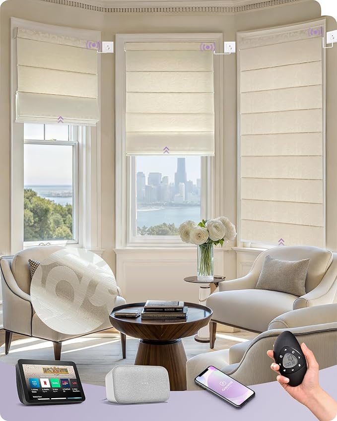 Graywind Smart Roman Shades Compatible with Alexa Google WiFi Hardwired Automatic Blind with Remote Light Filtering Plain Fold Soft Roman Window Shades for Windows Doors, Custom Size (Floral Beige)