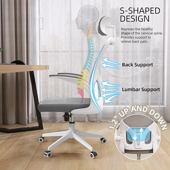 Office Chair Ergonomic Desk Chair, 350 LBS Mesh Office Chair with Lumbar Support, Comfy Desk Chair with Wheels, Big and Tall Chair for Study Work Gaming (Gray)