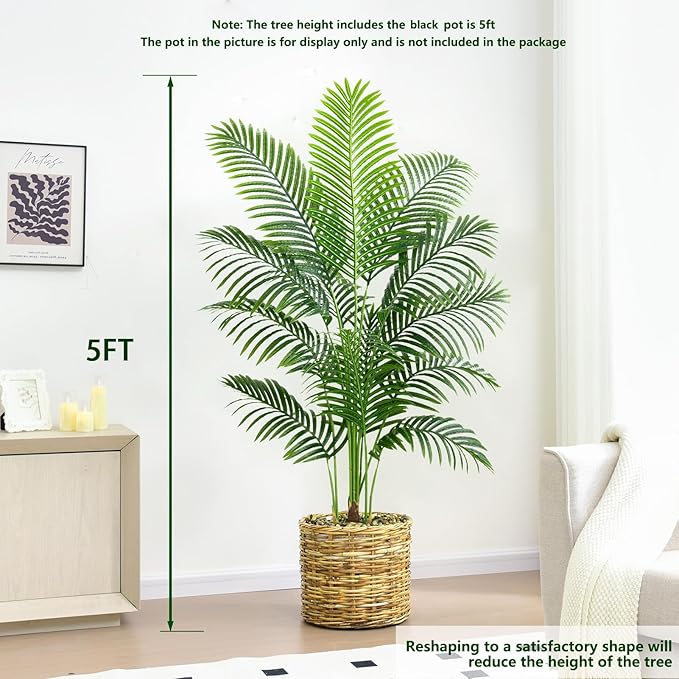 2 Pack Artificial Palm Tree 5FT Artificial Plants Indoor Tropical Fake Palm Tree Areca Floor Plant in Black Pot with 13 Trunks & Real Bark Design, Faux Palm Plant for Outdoor Patio Home Office Decor