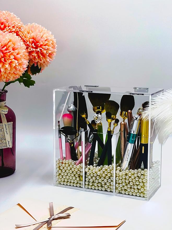 Acrylic Makeup Organizer,Clear Cosmetic Brush Storage Box With 3 Brush Holders,with Dust Cover, Large-capacity Split Design can Quickly Organize the Desktop (with3 bags of white pearls