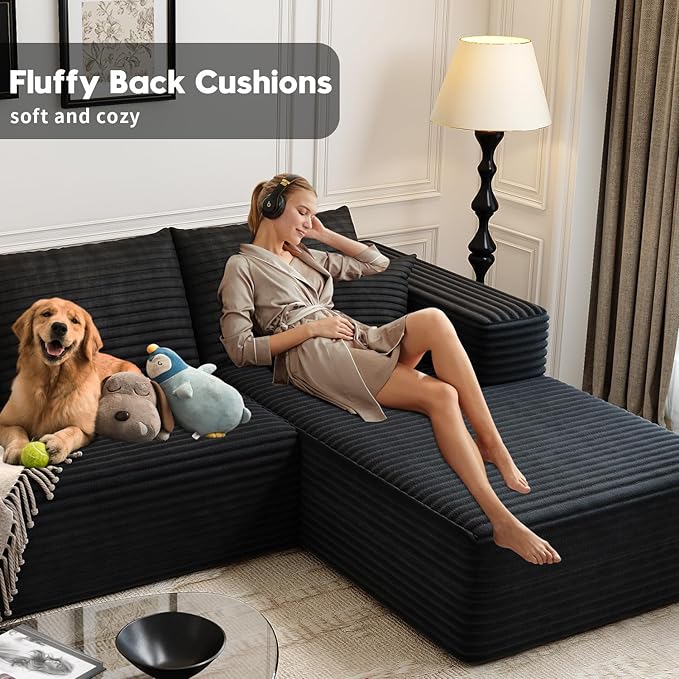 135.4"Cloud Modular Sectional Couch with 1 Ottoman,Modern Minimalist Upholstered Couches, Comfort U Shaped Sofa for Living Room,Deep Seat Corner Couch，No Assembly Required (Black,Right Facing Chaise)